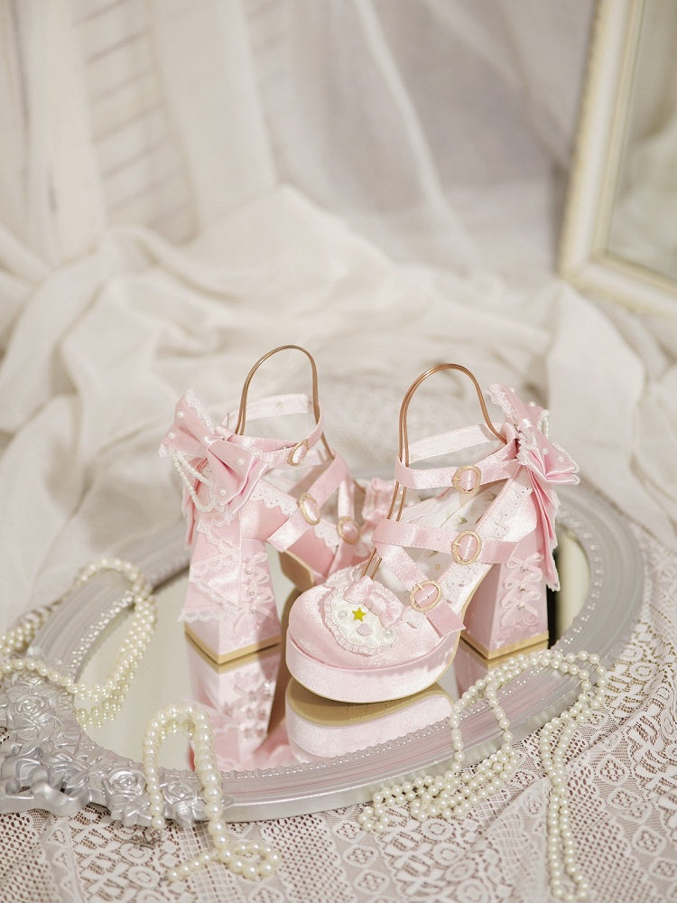 Light Pink Round-Toe Lolita Shoes, 11.5CM Bowknot Block Heel, Pearl & Shell - Bad Bear