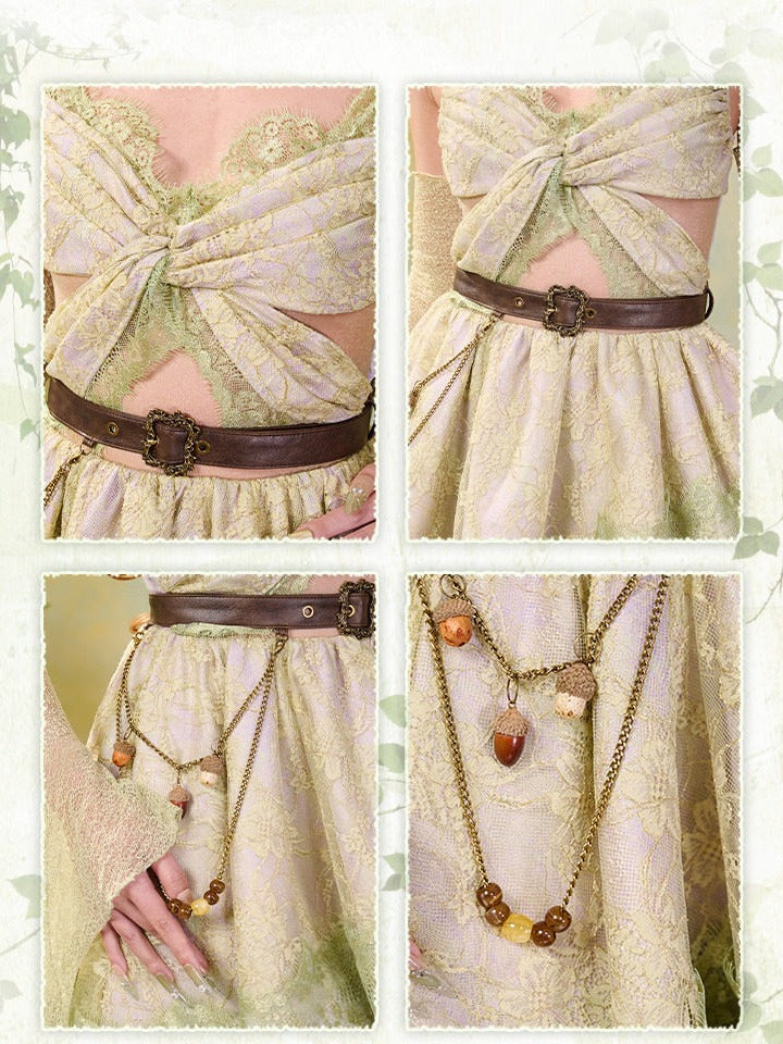 Fairycore Green Purple Butterfly Lace Sleeveless Dress Brown Belt - Virtual Orbit