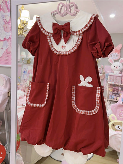 ワインレッドのバニー耳ピーターパンカラーバブルスカートドレス