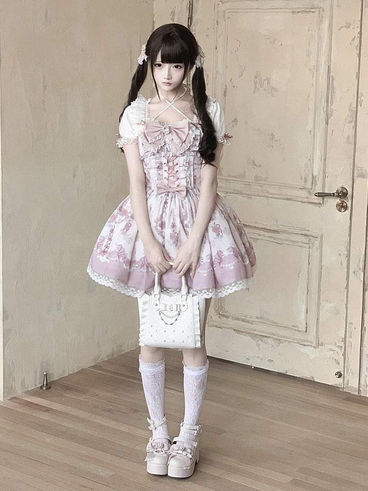 Ryousangata Floral Wall Print Pink Square Neck Short Sleeve Dress with Lace and Bow Details - Ekomi