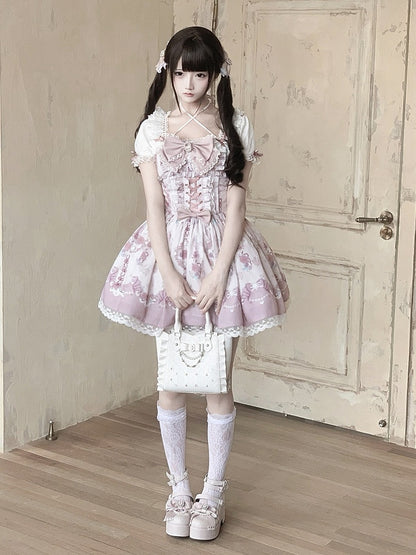 Ryousangata Floral Wall Print Pink Square Neck Short Sleeve Dress with Lace and Bow Details - Ekomi