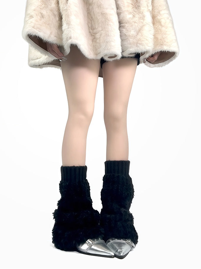 オフホワイト/グレー/ブラック ニットカフス プラッシュレッグウォーマー