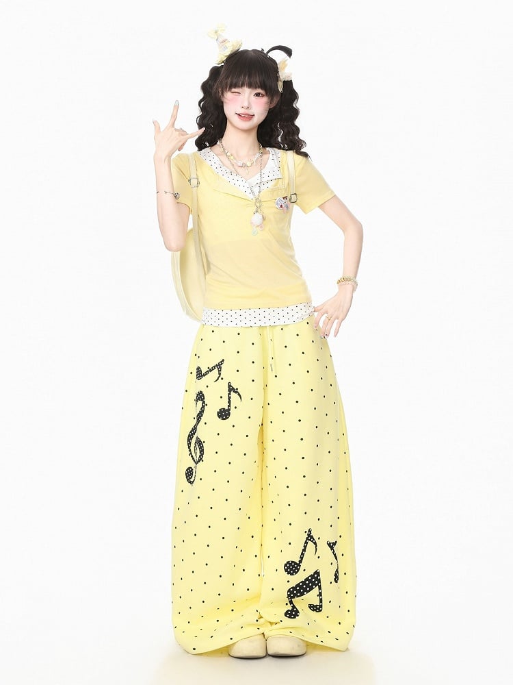 Yellow Polka-Dot Wide-Leg Pants with Music Notes - Languid Park