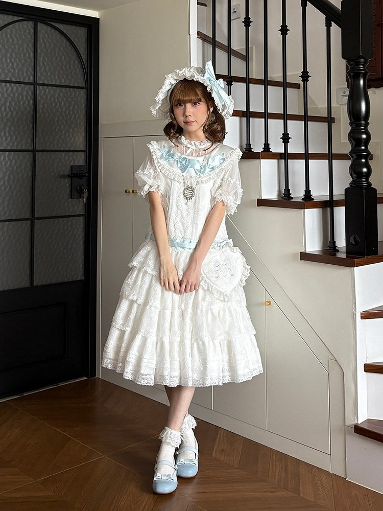Classic Elegant White Lolita JSK Lace Gown with Heart Waist Pouch - Miss Cube Dressworks