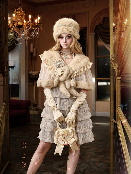 Hat and Slavic Fluffy Embellishments Light Brown Fur with Pearl Rhinestone