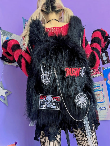 ブラックスケルトンアップリケパンクシャギーバックパック