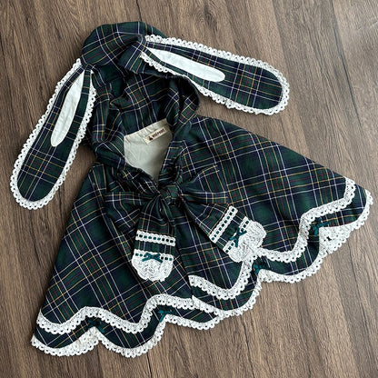 Green Plaid Bunny Ears and Cape Petal-like Trim Hooded with