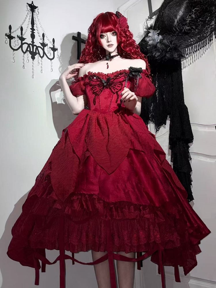 Red Butterfly Rhinestone Detail Puff Sleeve Lolita Top and Asymmetrical Hem Skirt Set - Sweet Wood Lolita
