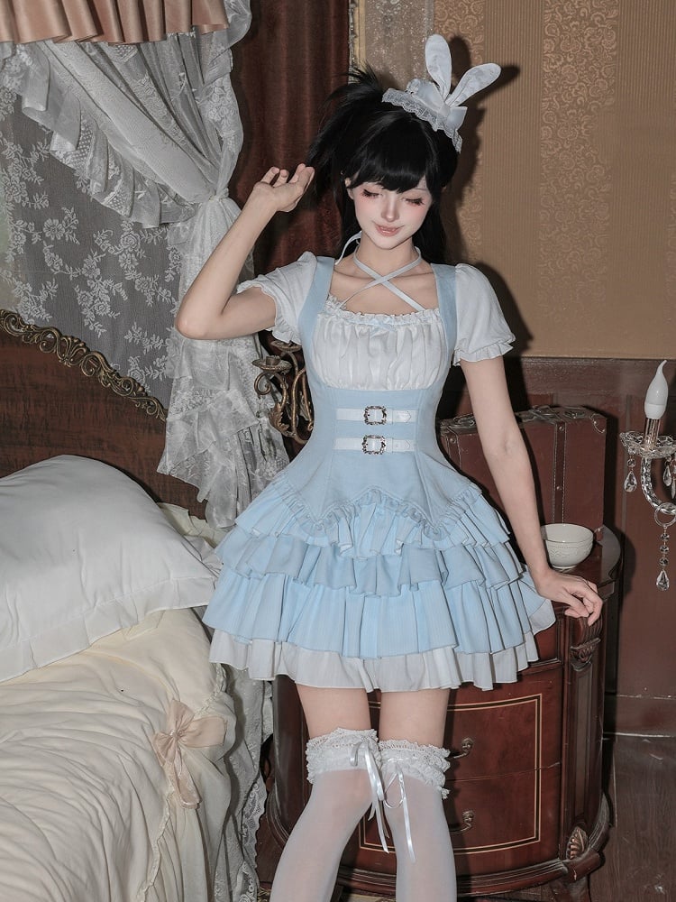 Blue & White Striped OP Dress Set with Necklace and Rabbit Hat - With PUJI