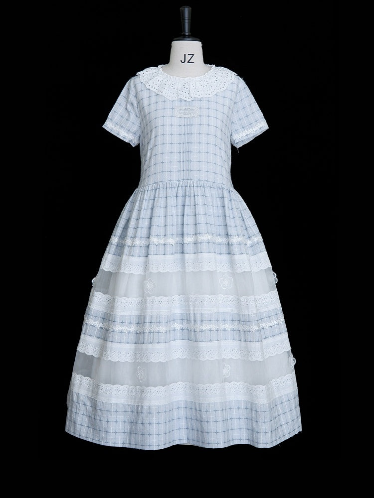 Blue and White Lolita Short-Sleeve Dress with Multi-Tiered Skirt & Floral Lace - Aurora Borealis