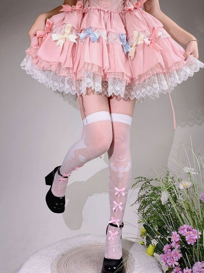 White and Pink Bow Semi-sheer Cross and Wing Over Knee Stockings