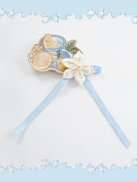 Blue Lemon Embroidery Classic Lolita Brooch with White Flowers - U.Rtto