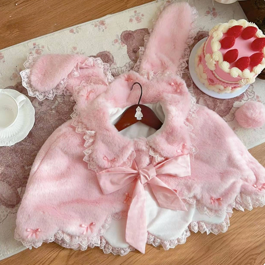 Sweet / Lolita Winter Cape with Plush Pink Bunny Ears Kitty