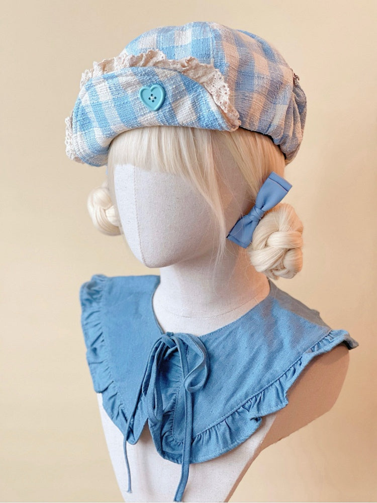 Heart-Shaped Button Hat Lace Blue Beret with Trim Plaid White