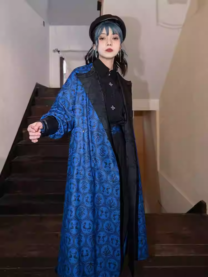 Cheongsam Style Long Coat Print and Blue Coral Black Jacquard Seahorses Reversible