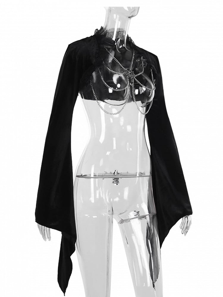 Gothic Trim Sleeve Detail Bell Black Shrug Chain Gem Halloween Lace with