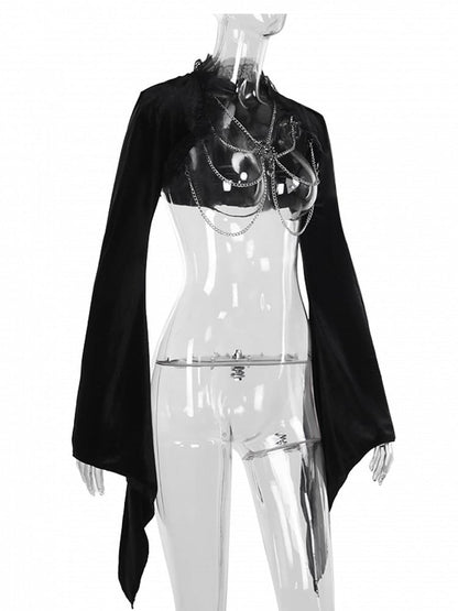 Gothic Trim Sleeve Detail Bell Black Shrug Chain Gem Halloween Lace with