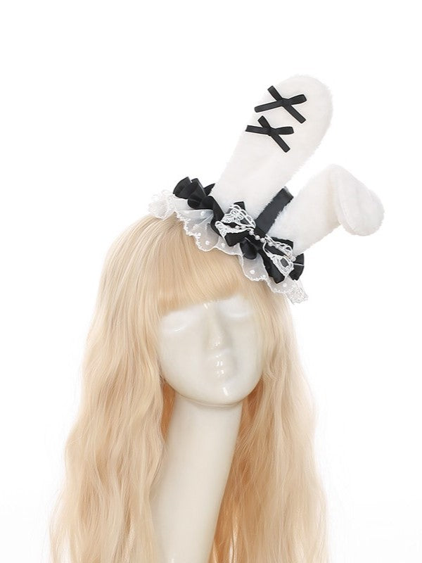Trim with Ear Hat Lace Black White Plush Ruffled Bunny