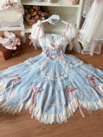 Blaue Basken-Taille mit floralen Schleifenknoten, Hanayome Lolita OP / Komplettset