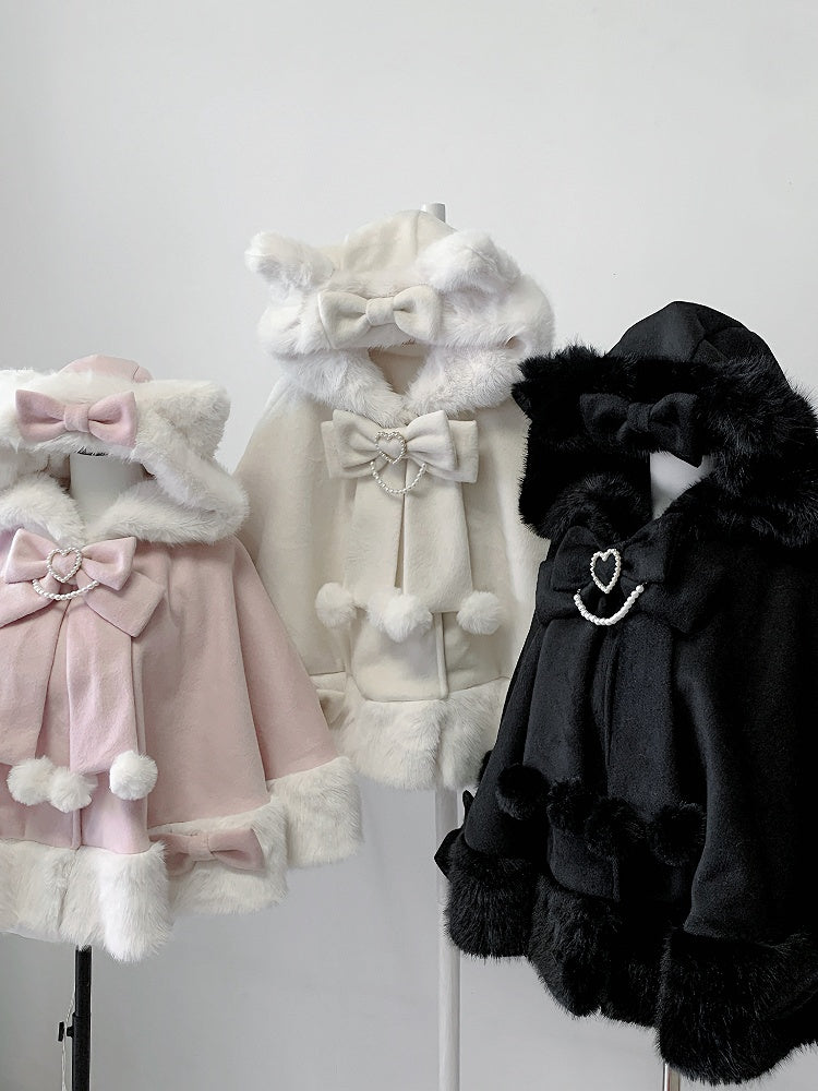 Jirai Cape Kei with Hood Coat - Kitty-Ears Plush Wool Essential Black Fall/Winter