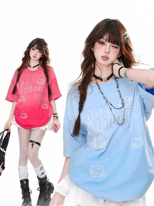 ブルー/ローズレッド ラウンドネック キティ ラインストーン ルーズTシャツ