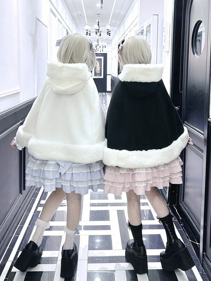 in / Cape Hooded Plush with Trimmed Bow Kei Accents Black Blue Jirai White Applique Pink Sweetheart