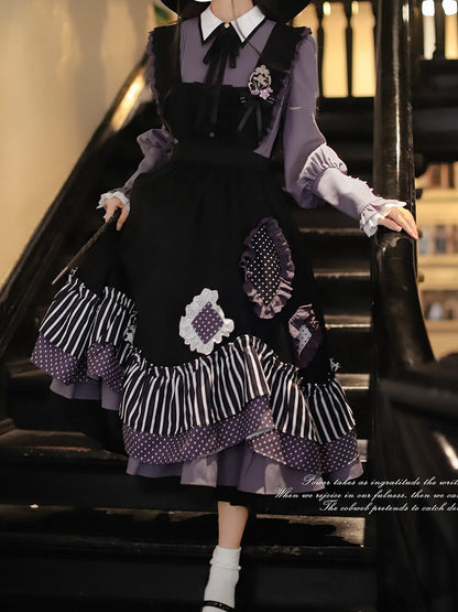 Dress Bittersweet Lolita Apron in Black Stripes and Purple Polka Dot