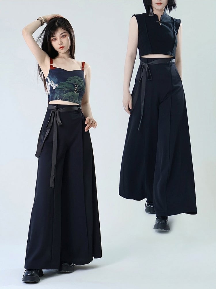 in Belt Zipper Back Chinese Black Pants - Style Wide-leg Hidden Matching