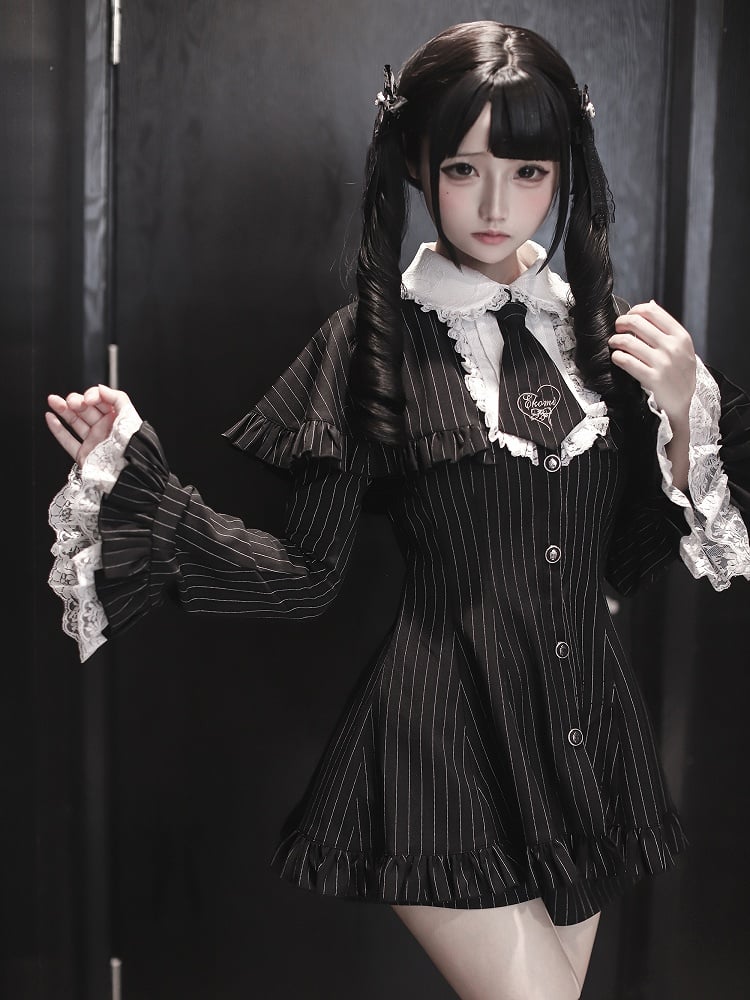 Embroidered Detachable Sleeves Black Bell with Ensemble Tie - Mini Dress Cape Shorts Kei Striped Jirai