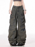 Dark Blue Low Distressed Pockets Vintage Wide-leg Jeans Waist Cargo
