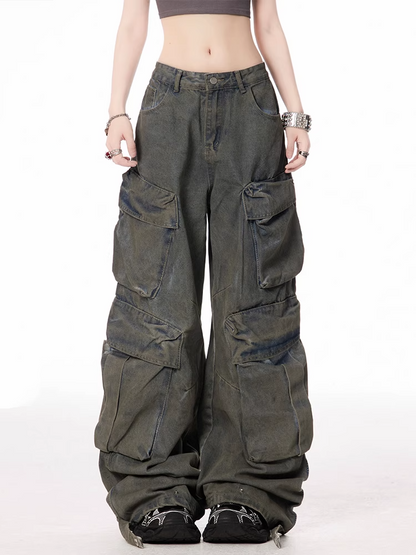 ダークブルーのローダメージポケット付きヴィンテージワイドレッグジーンズ、ウエストカーゴ