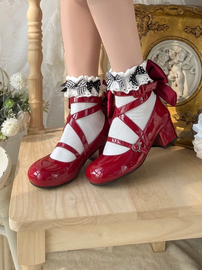 Akzentschleife, überkreuzte Absätze, mittelrotes Design, süße Zehenpartie, rund – Lolita