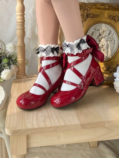 Akzentschleife, überkreuzte Absätze, mittelrotes Design, süße Zehenpartie, rund – Lolita