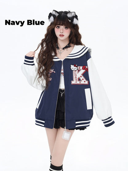 Navy Blue/Gray Sailor Collar Kitty Embroidered Baseball Jacket