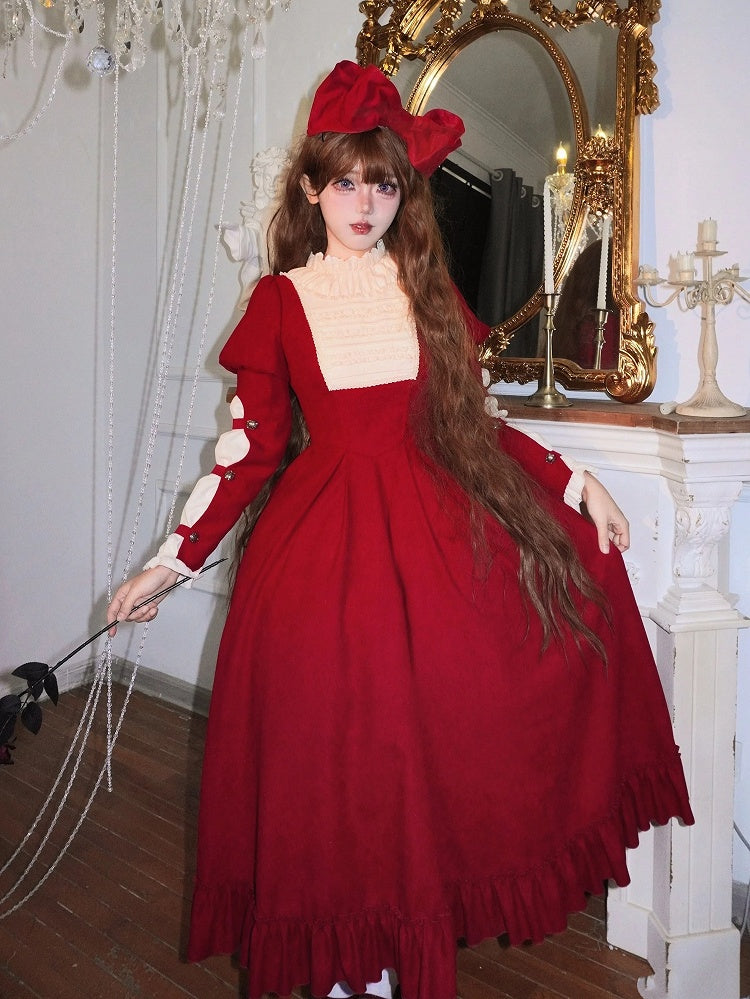 Ruffled Sleeves Dress Juliette and Version Beige Waist Boned Long Elegant Lolita Neck Red with