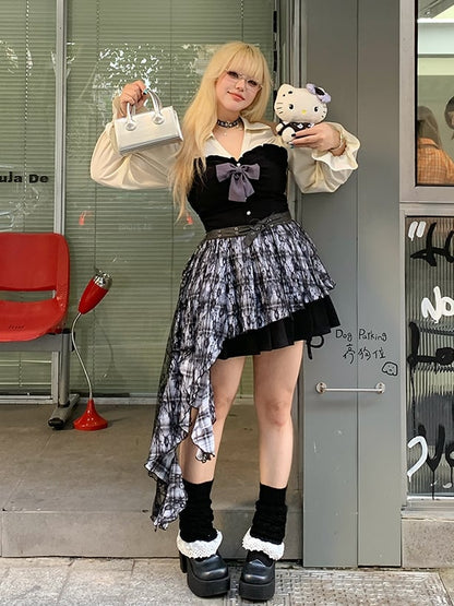 Bishop Dress Pleated Cutout Shoulder and Skirt / Sleeves Plus Size Black Brown with