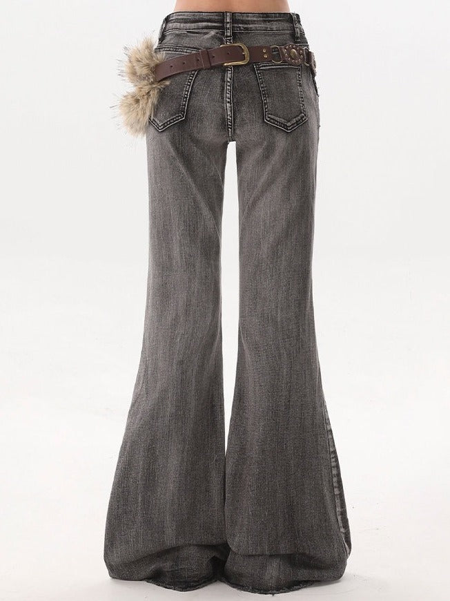 Trendy Black Flared Jeans with Furry Waist Belt - Rayohopp