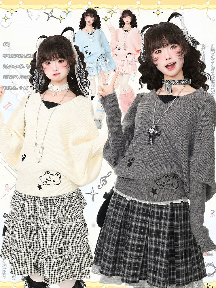 Apricot Two-Piece Look Batwing Sleeve Sweater with Kitten Themed Embroidery - Languid Park