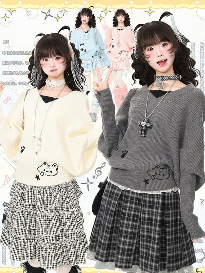 Pink Two-Piece Look Batwing Sleeve Sweater with Kitten Themed Embroidery - Languid Park