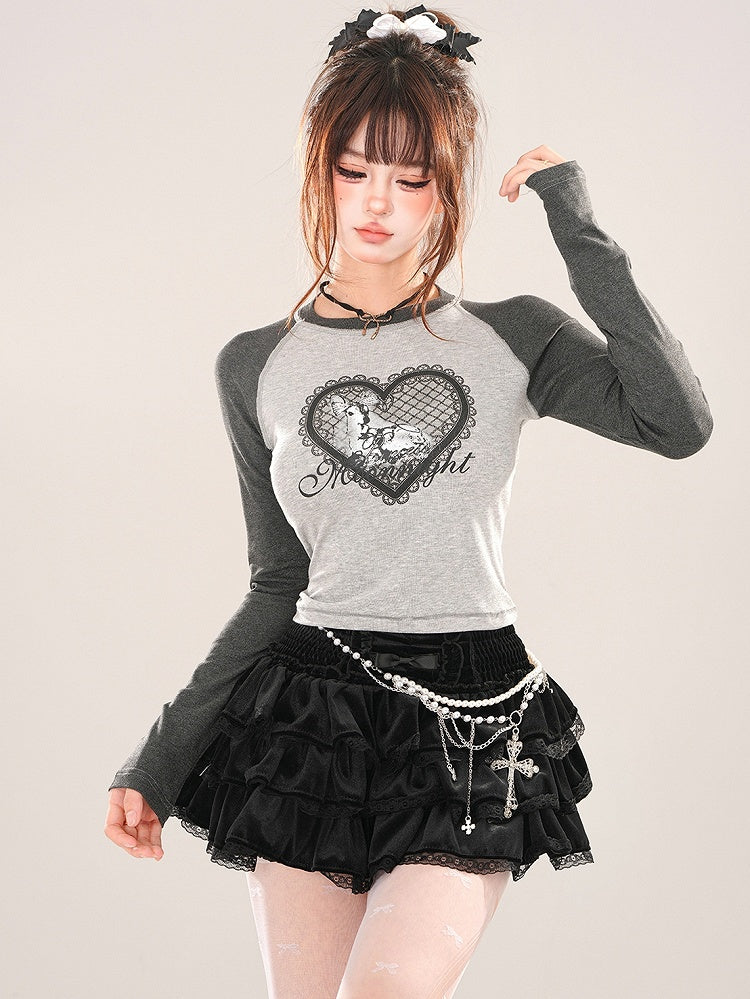 Black/Grey Heart Print Colorblock Close-fit T-shirt