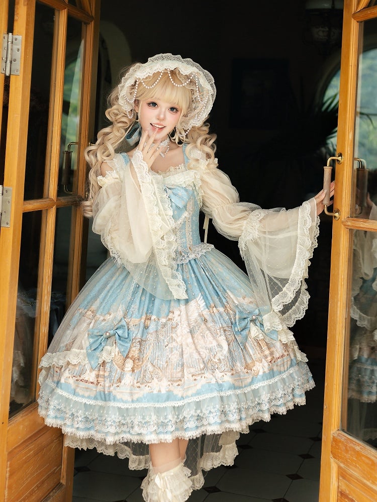 with Skirt Dress Classic Elegant Unicorn Lolita Beaded Chain Print and Waist Blue Overlay