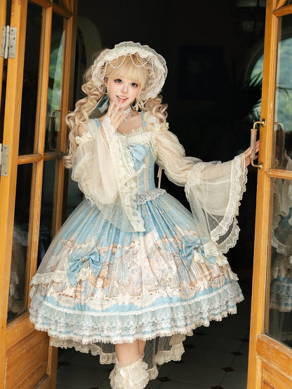 with Skirt Dress Classic Elegant Unicorn Lolita Beaded Chain Print and Waist Blue Overlay