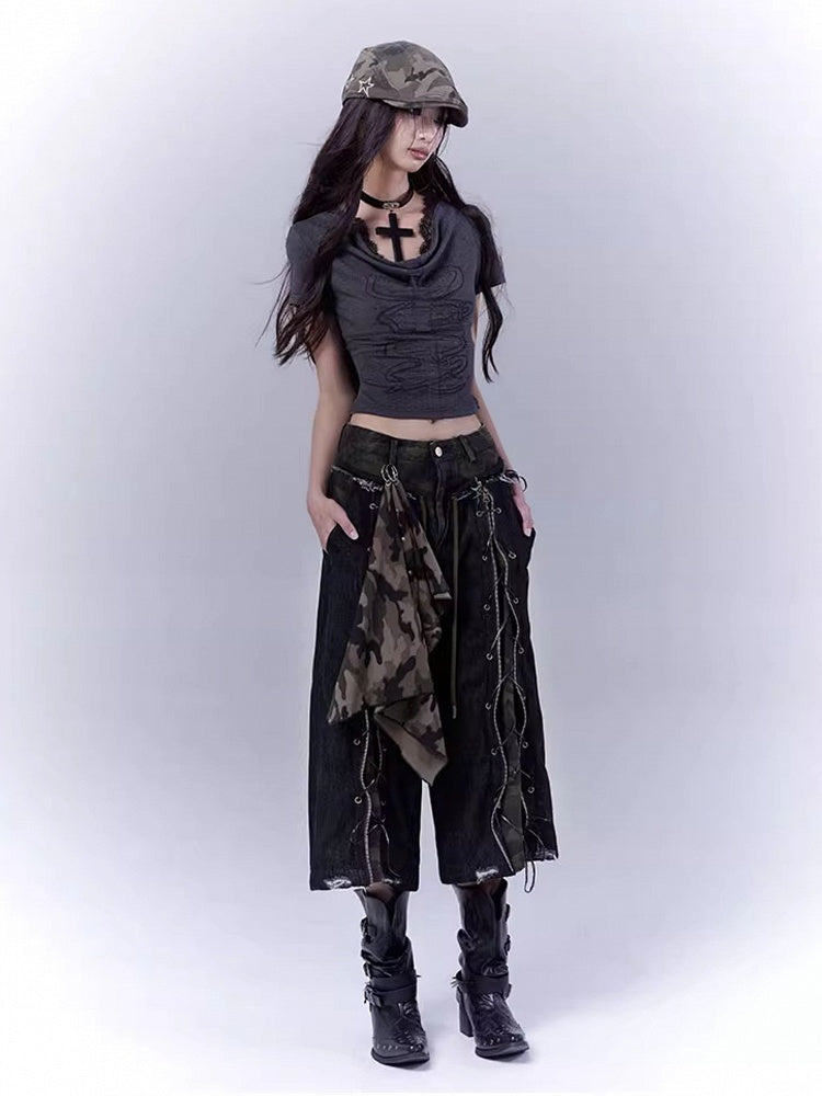 ダメージ加工ロックストレートレッグジーンズパンクカモフラージュレースアップフロント