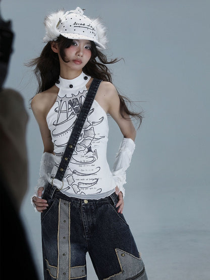 Details Print with Halter Bead Punk White Graphic Spine Top