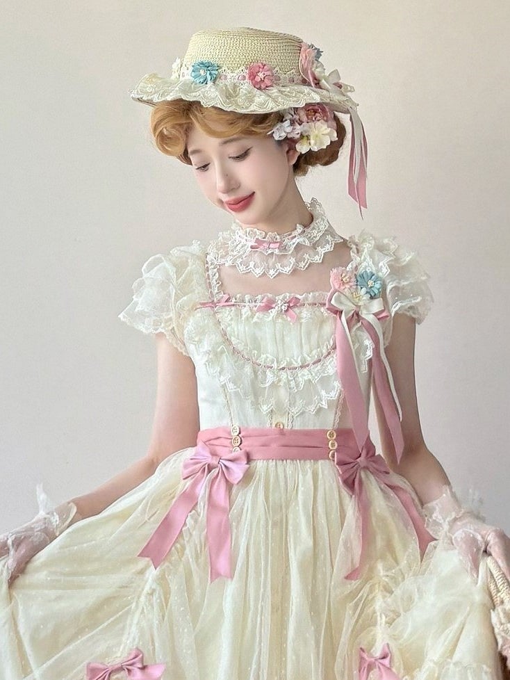 Hat Bow and with Straw Lolita Embellishments Flower Lace-trimmed