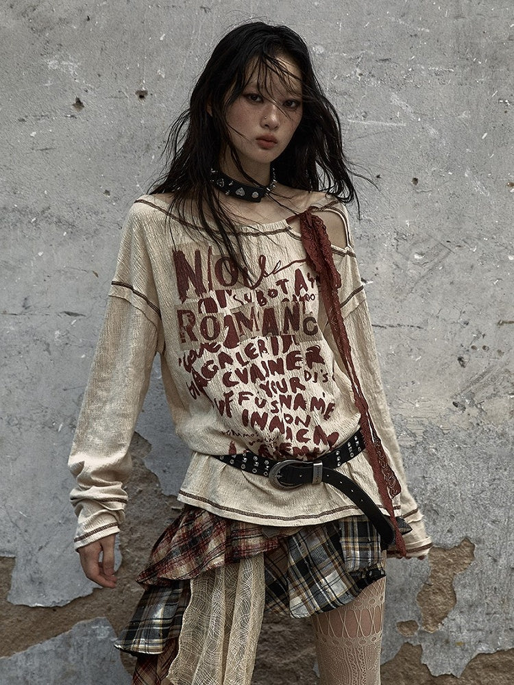 Letter Print Apricot Top Neck Punk Self-tie with Straps Distressed Cutout Wasteland Red