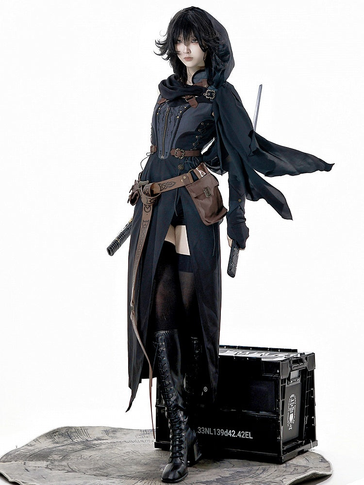 Kapuze Ärmellos Ärmel Schwarz Schlitz Schal Gürtel Shorts Kleid und + Oberschenkel-high Grau