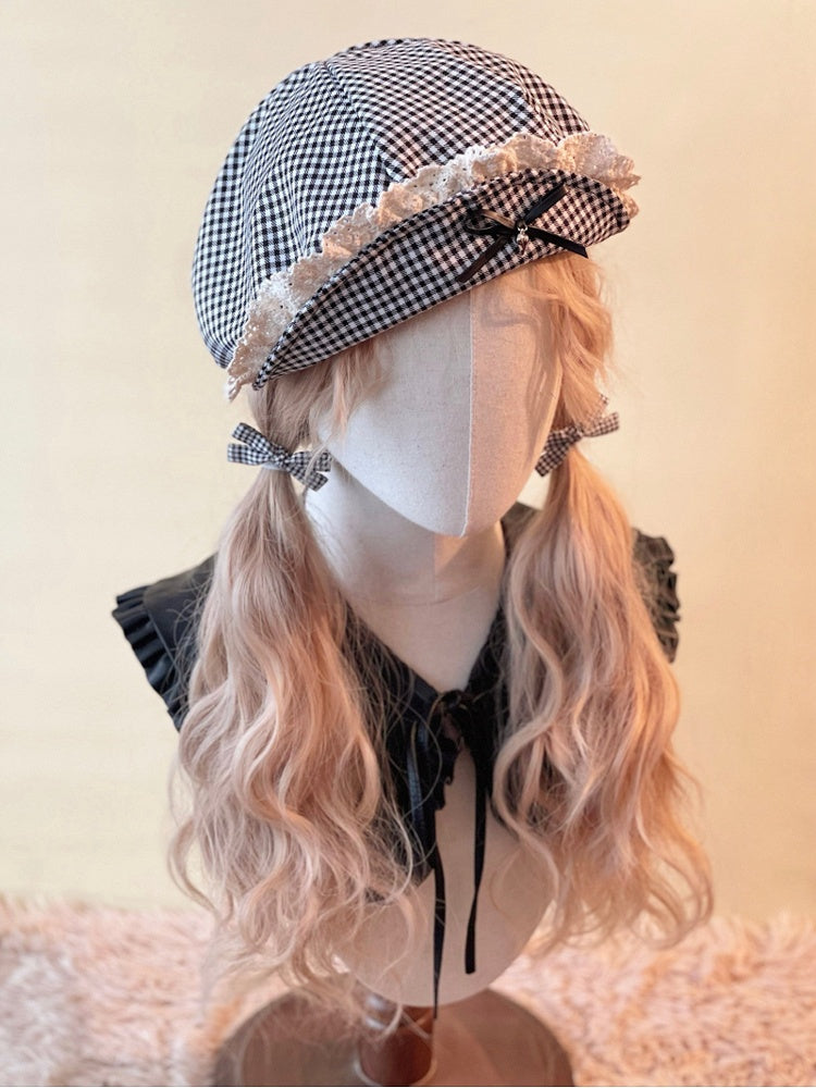 Brim Black and Flipped Gingham Beret White with