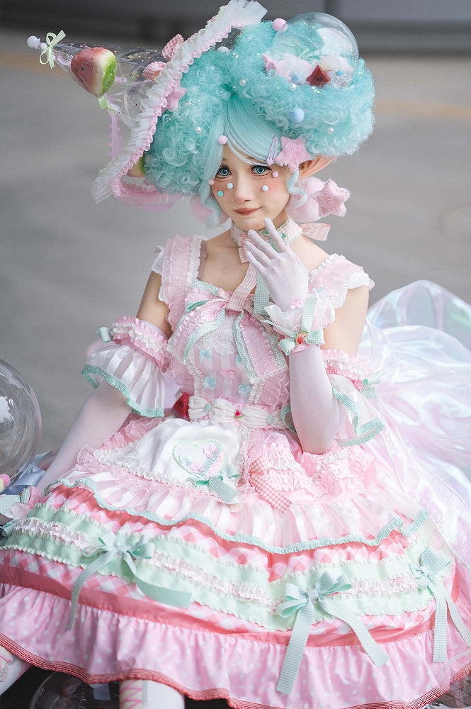 Lolita-Kleid, Kuchen, süße Schleife und Akzente, Rock, gestuft, Wassermelone, Rosa, Grün