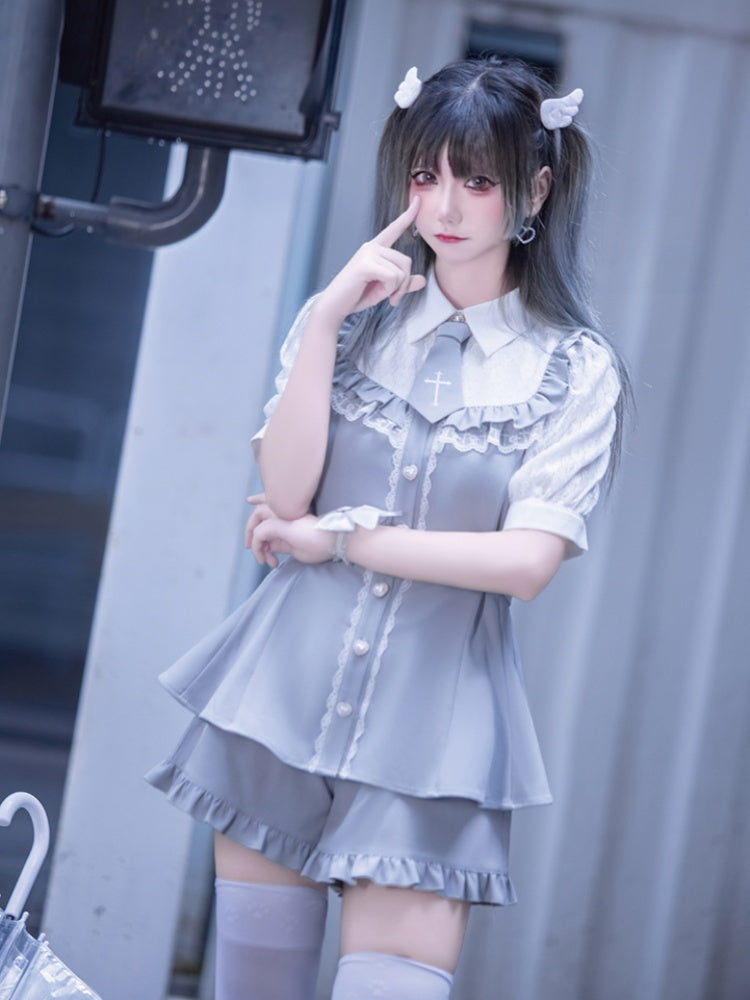 ボタンヘムショーツ+ネクタイフルトリムライトケイジライセット-レースブルーブラウス+フリルハート